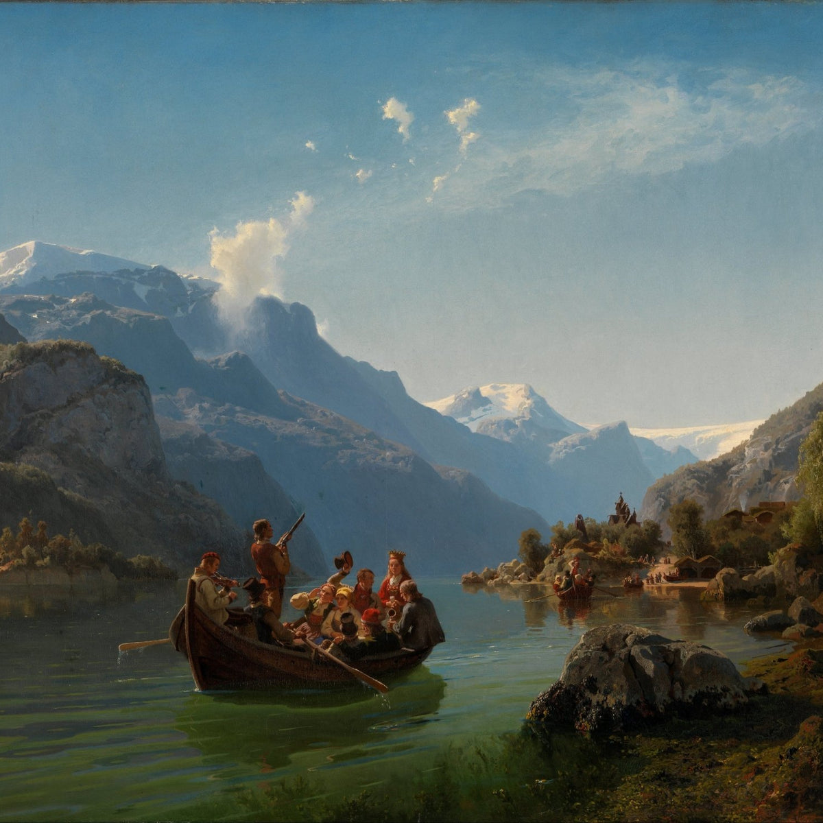 Landscape oil painting of a boat with several people on a mountain lake, surrounded by snowy peaks under a bright blue sky,. - Add Frame, Boat, Canvas, Hand Painted, Lake, Landscape, Made To Order, Mountain, Oil Painting, Village