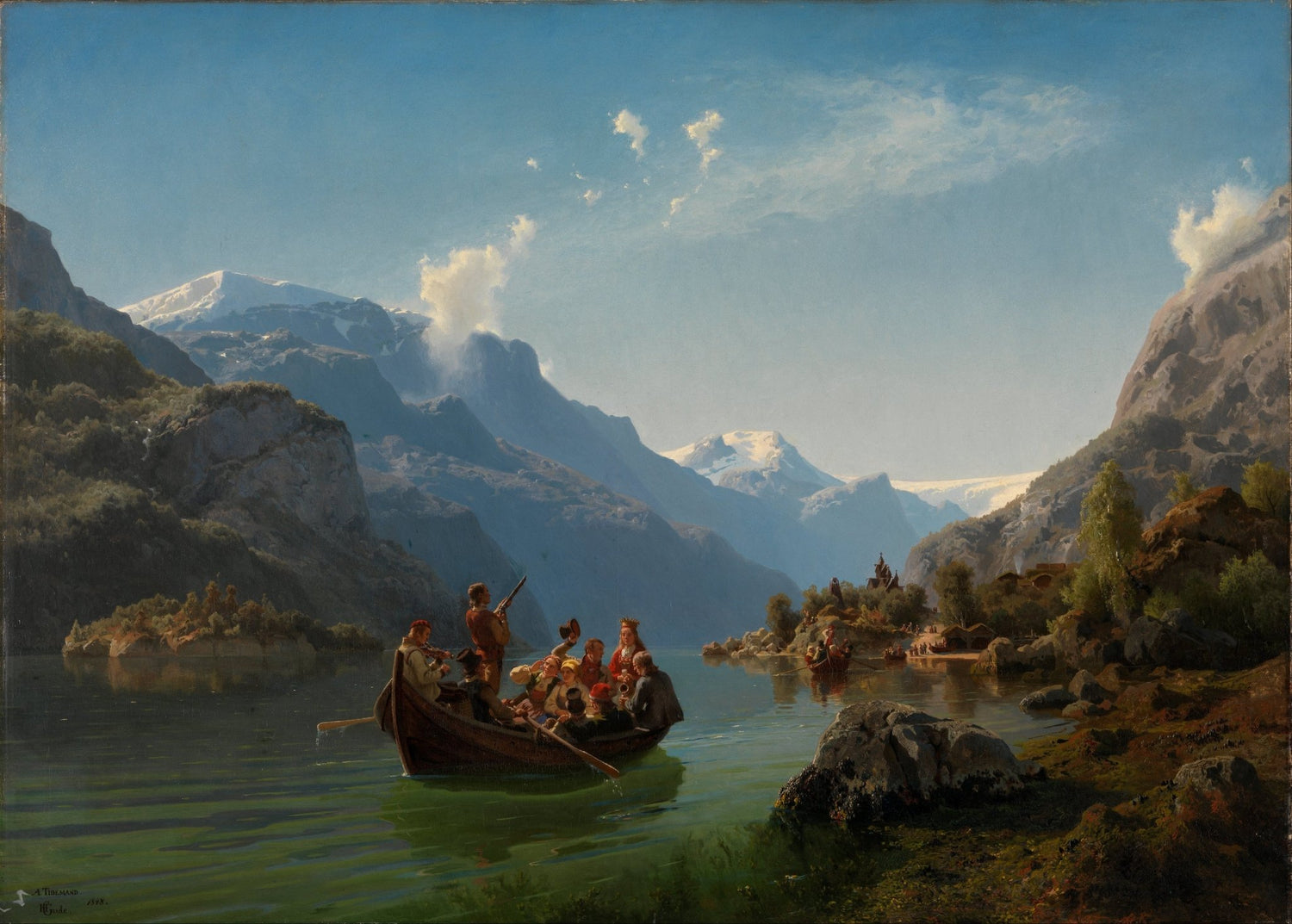 Landscape oil painting of a boat with several people on a mountain lake, surrounded by snowy peaks under a bright blue sky,. - Add Frame, Boat, Canvas, Hand Painted, Lake, Landscape, Made To Order, Mountain, Oil Painting, Village