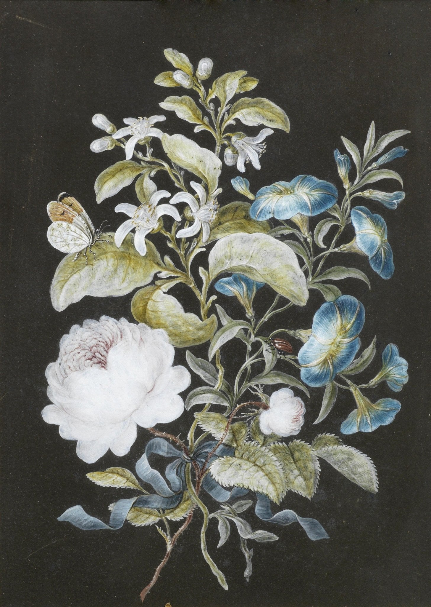 Botanical White Peony and Blue Wildflowers – Floral Oil Painting - Oil Painting Haven