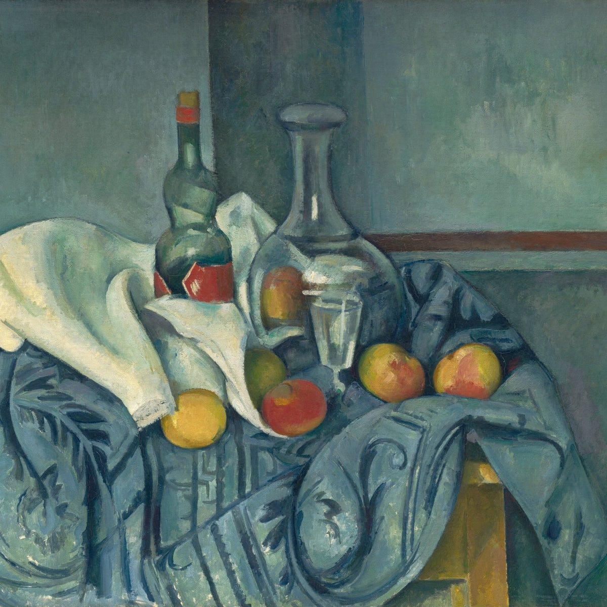 Bottle, Carafe and Fruit on Draped Table - Still Life Oil Painting - Oil Painting Haven