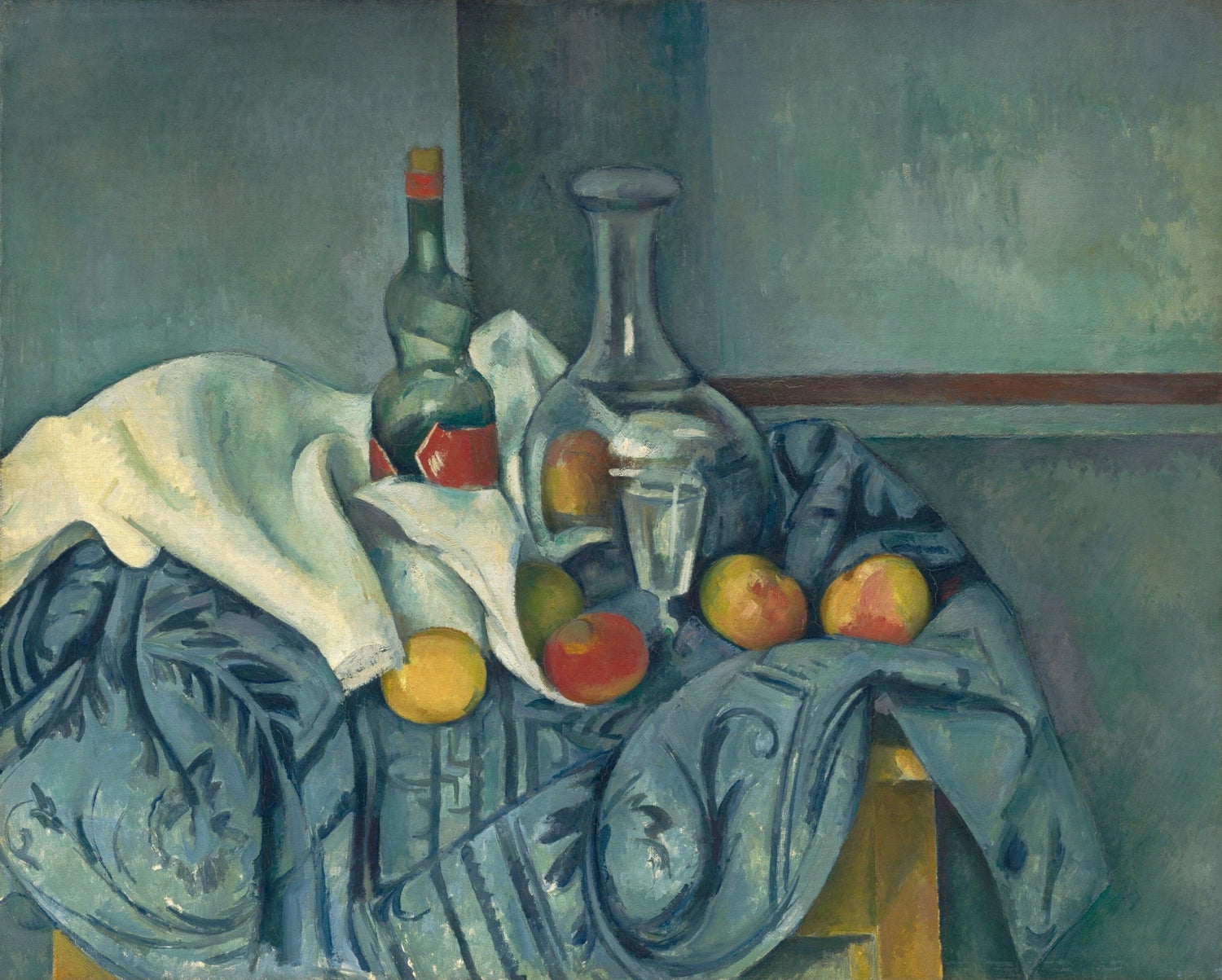 Bottle, Carafe and Fruit on Draped Table - Still Life Oil Painting - Oil Painting Haven
