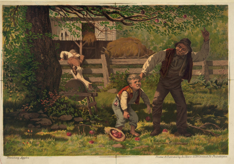 Boy Caught Stealing Apples in Farmyard Scene - People Oil Painting - Oil Painting Haven