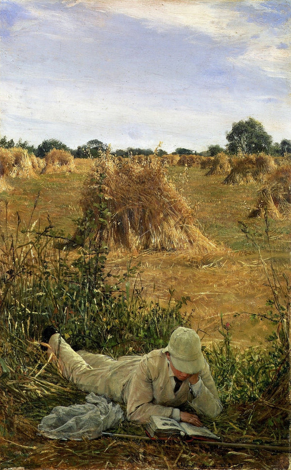 Boy Reading in Harvest Field Landscape - People Oil Painting - Oil Painting Haven