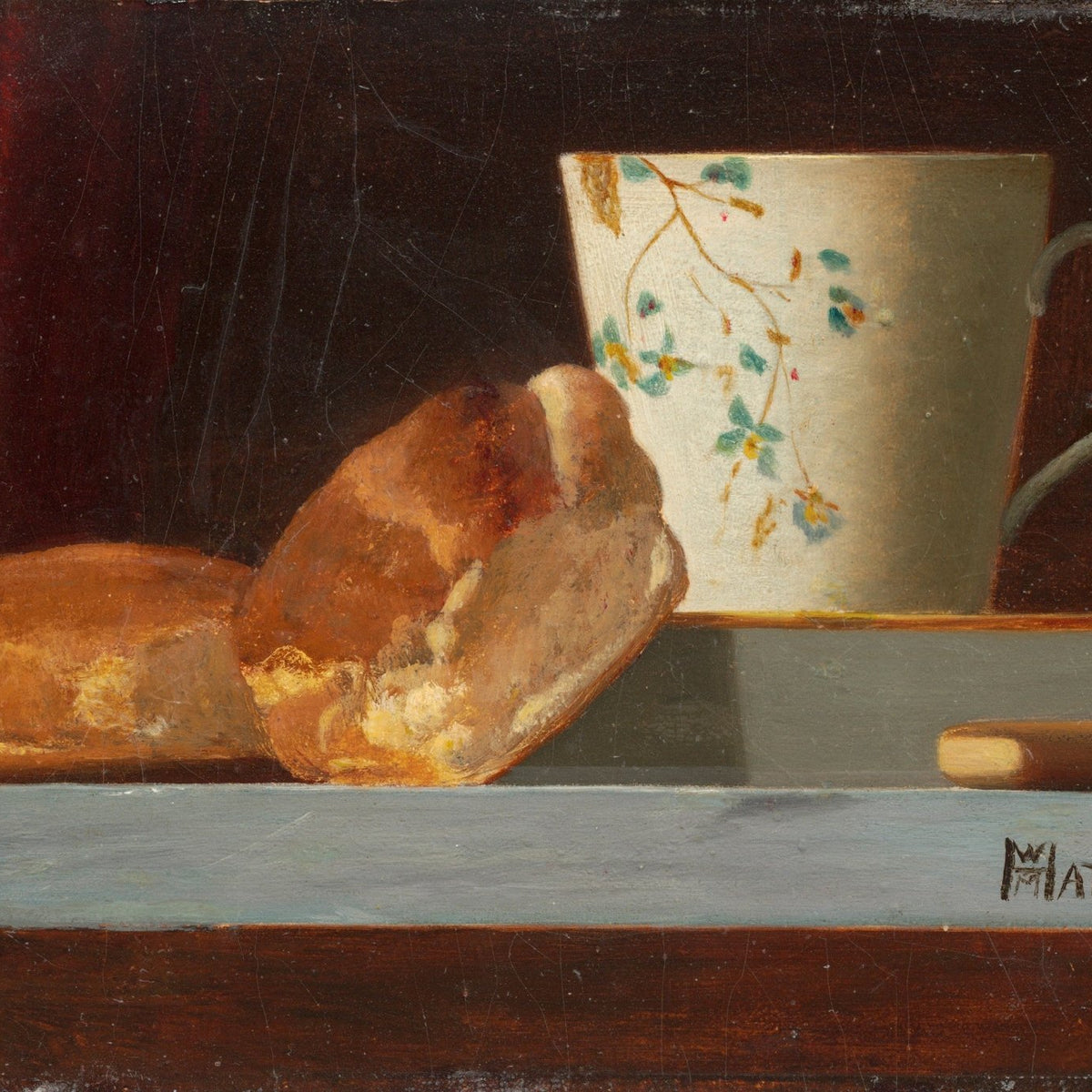 Bread and Floral Teacup on Shelf - Still Life Oil Painting - Oil Painting Haven