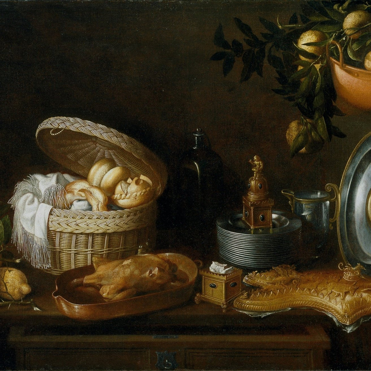 Bread Basket, Roast Chicken and Tableware - Still Life Oil Painting - Oil Painting Haven