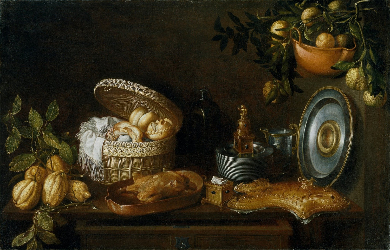 Bread Basket, Roast Chicken and Tableware - Still Life Oil Painting - Oil Painting Haven