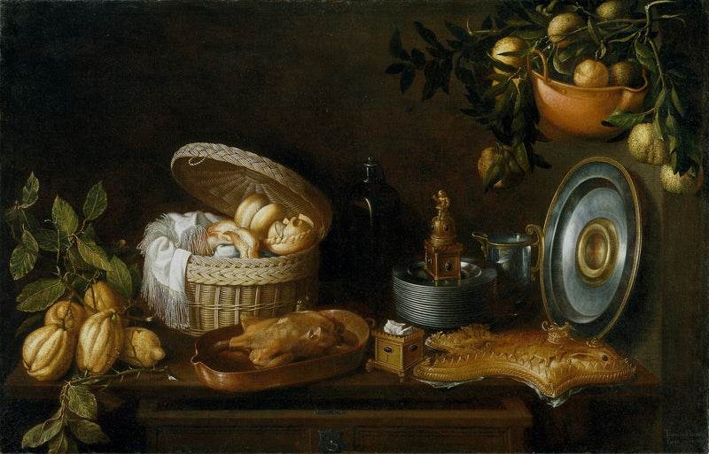Bread Basket, Roast Chicken and Tableware - Still Life Oil Painting - Oil Painting Haven