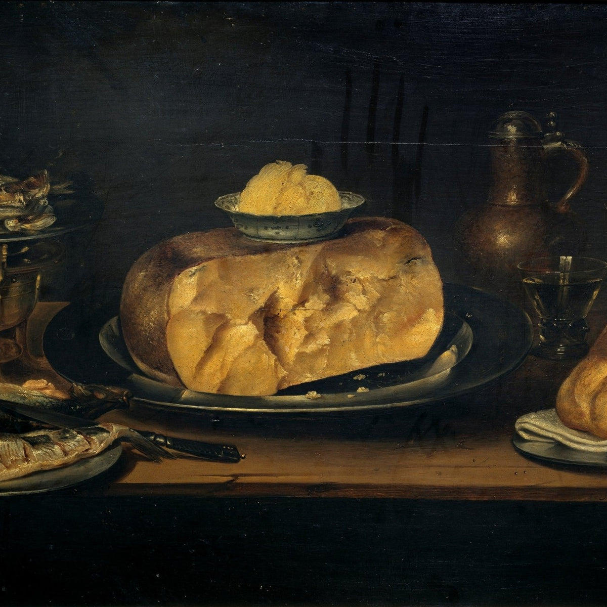 Bread, Fish and Copper Pitcher - Still Life Oil Painting - Oil Painting Haven