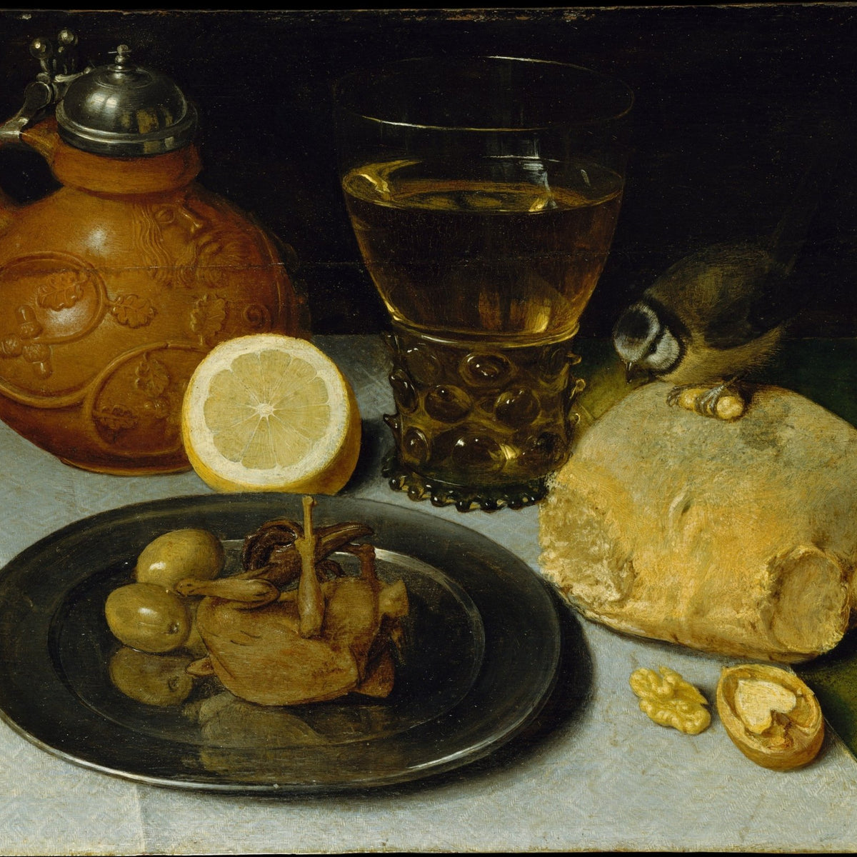 Bread, Lemon and Wine Glass with Bird - Still Life Oil Painting - Oil Painting Haven