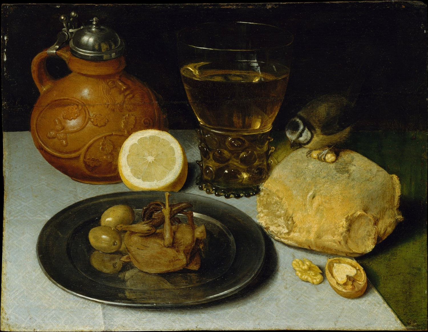 Bread, Lemon and Wine Glass with Bird - Still Life Oil Painting - Oil Painting Haven
