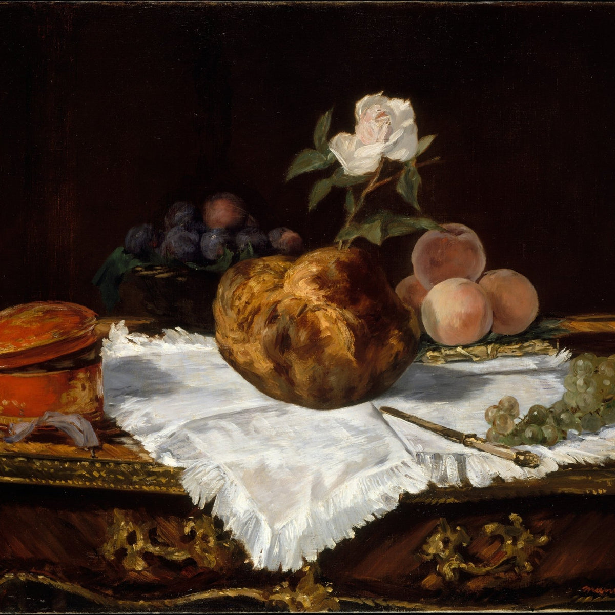 Brioche Bread, Peaches and Grapes - Still Life Oil Painting - Oil Painting Haven