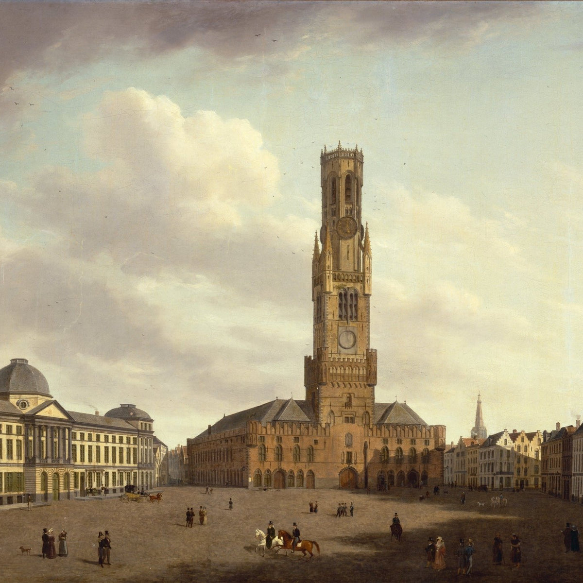 Hand painted landscape oil painting of Bruges Market Square with Belfry Tower, oil on canvas, textured brushwork, warm tones . - Add Frame, Architecture, Canvas, Hand Painted, Landscape, Made To Order, Oil Painting
