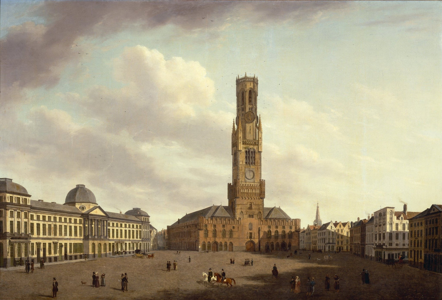 Hand painted landscape oil painting of Bruges Market Square with Belfry Tower, oil on canvas, textured brushwork, warm tones . - Add Frame, Architecture, Canvas, Hand Painted, Landscape, Made To Order, Oil Painting