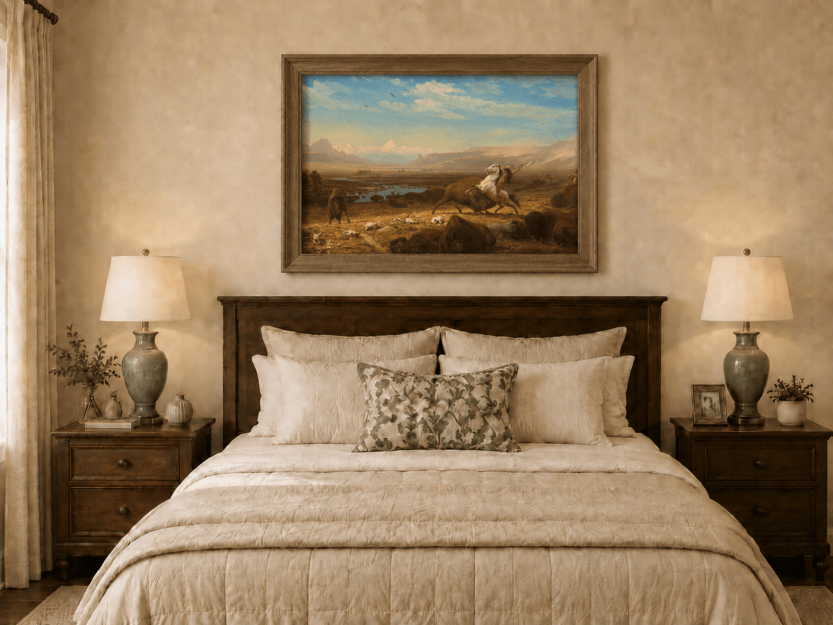 Framed hand-painted western landscape oil painting of a buffalo hunt across open prairie displayed above a wooden bed in a neutral bedroom.