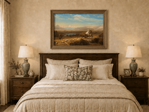 Framed hand-painted western landscape oil painting of a buffalo hunt across open prairie displayed above a wooden bed in a neutral bedroom.