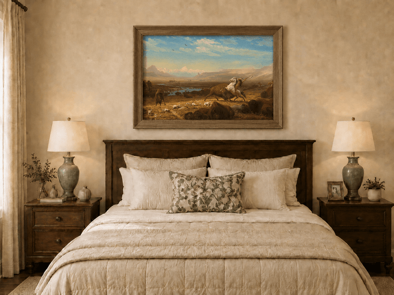 Framed hand-painted western landscape oil painting of a buffalo hunt across open prairie displayed above a wooden bed in a neutral bedroom.