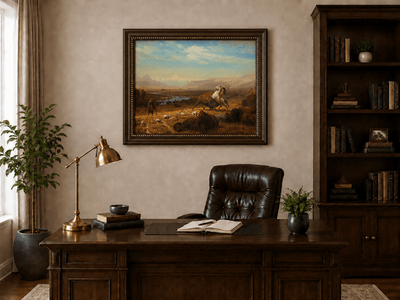 Framed hand-painted western landscape oil painting of a buffalo hunt across open prairie displayed above a traditional home office desk.