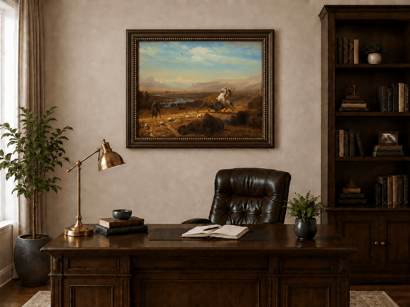Framed hand-painted western landscape oil painting of a buffalo hunt across open prairie displayed above a traditional home office desk.