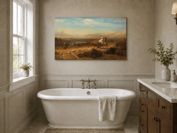 Unframed hand-painted western landscape oil painting of a buffalo hunt across open prairie displayed above a freestanding bathtub.