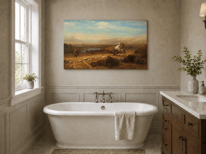 Unframed hand-painted western landscape oil painting of a buffalo hunt across open prairie displayed above a freestanding bathtub.