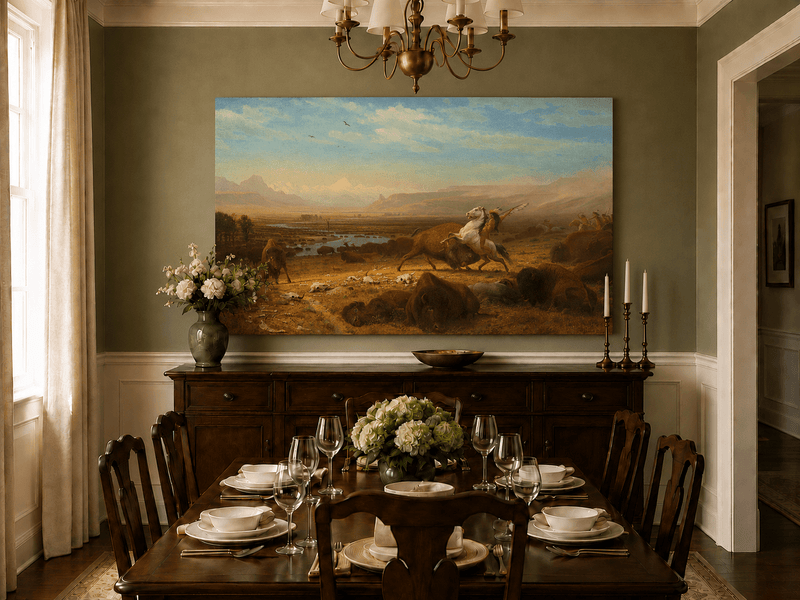 Unframed hand-painted western landscape oil painting of a buffalo hunt across open prairie displayed above a formal dining table.