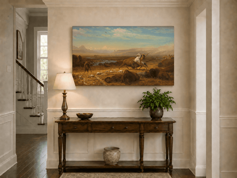 Unframed hand-painted western landscape oil painting of a buffalo hunt across open prairie displayed above an entryway console table.