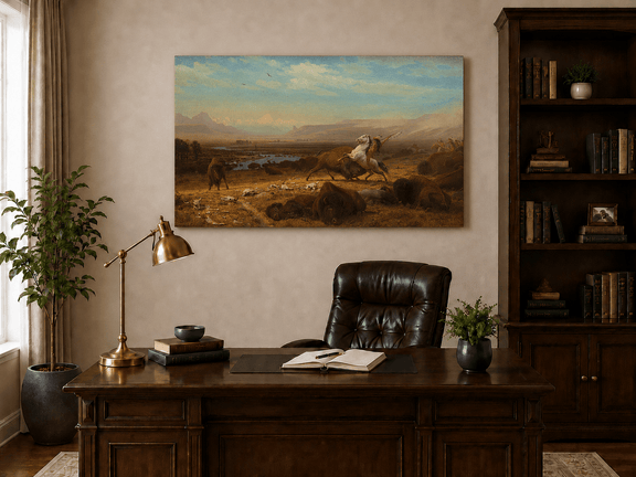 Unframed hand-painted western landscape oil painting of a buffalo hunt across open prairie displayed above a traditional home office desk.