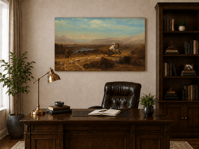 Unframed hand-painted western landscape oil painting of a buffalo hunt across open prairie displayed above a traditional home office desk.