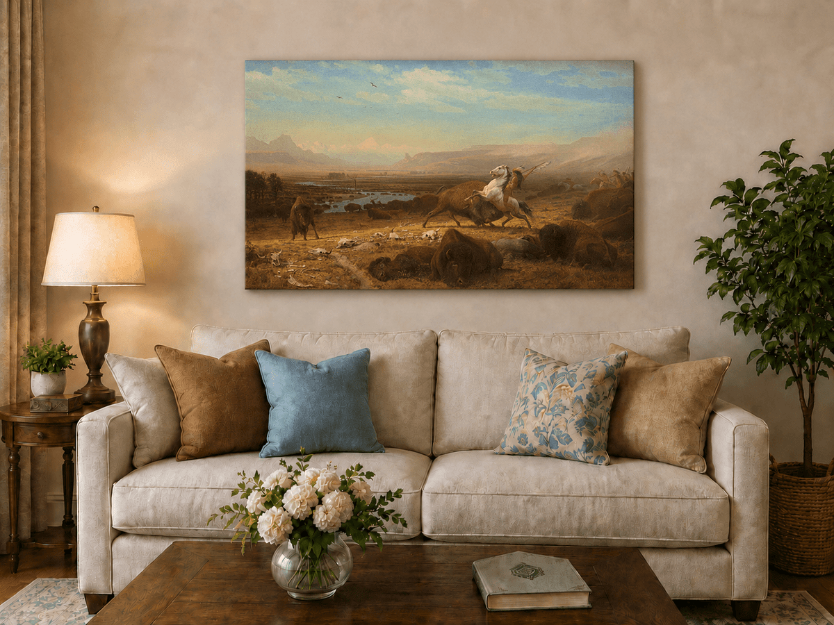 Unframed hand-painted western landscape oil painting of a buffalo hunt across open prairie displayed above a neutral living room sofa.