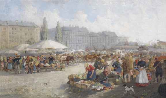 Bustling European Market Square Scene - People Oil Painting - Oil Painting Haven