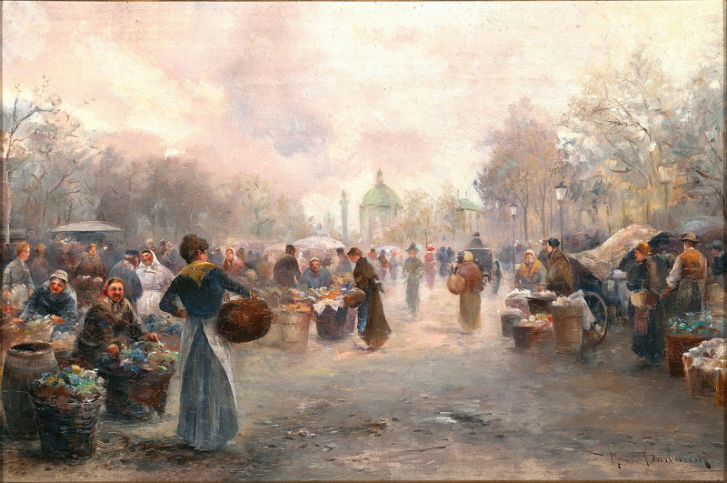 Bustling Morning Market in Paris Square - People Oil Painting - Oil Painting Haven
