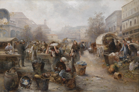 Bustling Old City Market with Vendors - People Oil Painting - Oil Painting Haven
