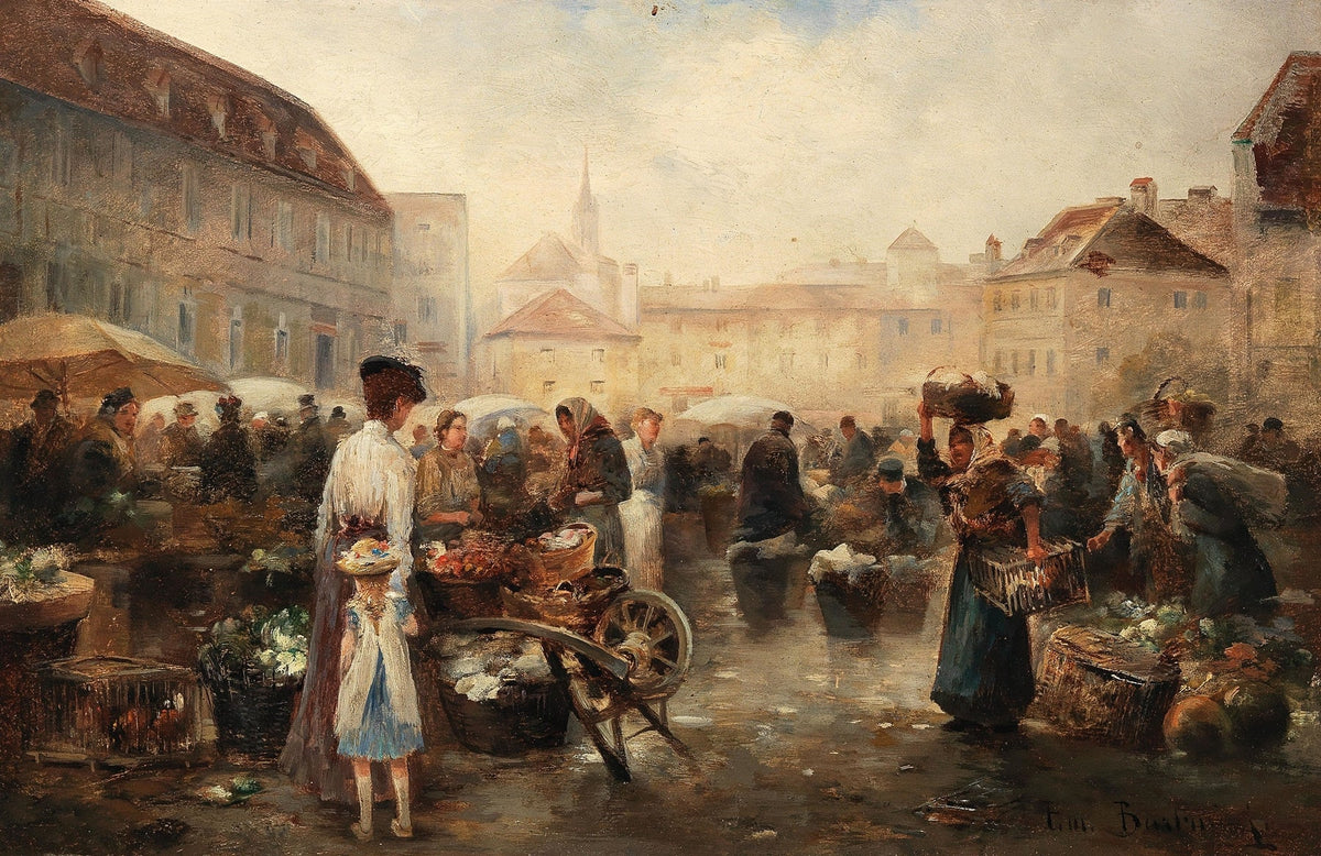 Busy European Street Market Scene - People Oil Painting - Oil Painting Haven
