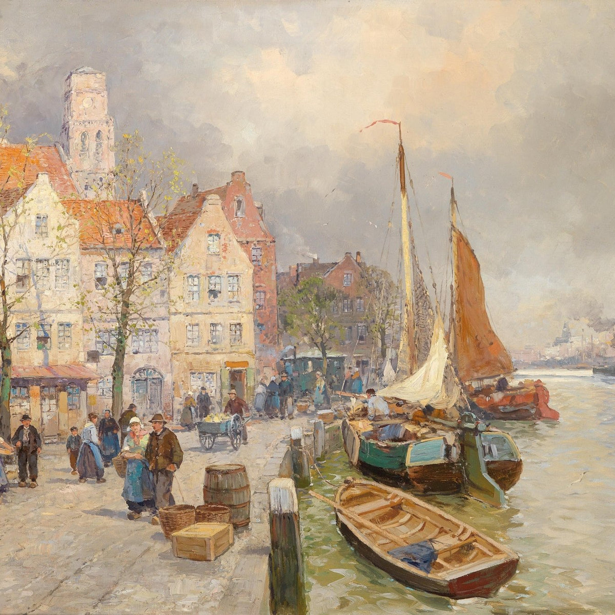 Busy Harbor Market and Sailing Boats - Landscape Oil Painting - Oil Painting Haven