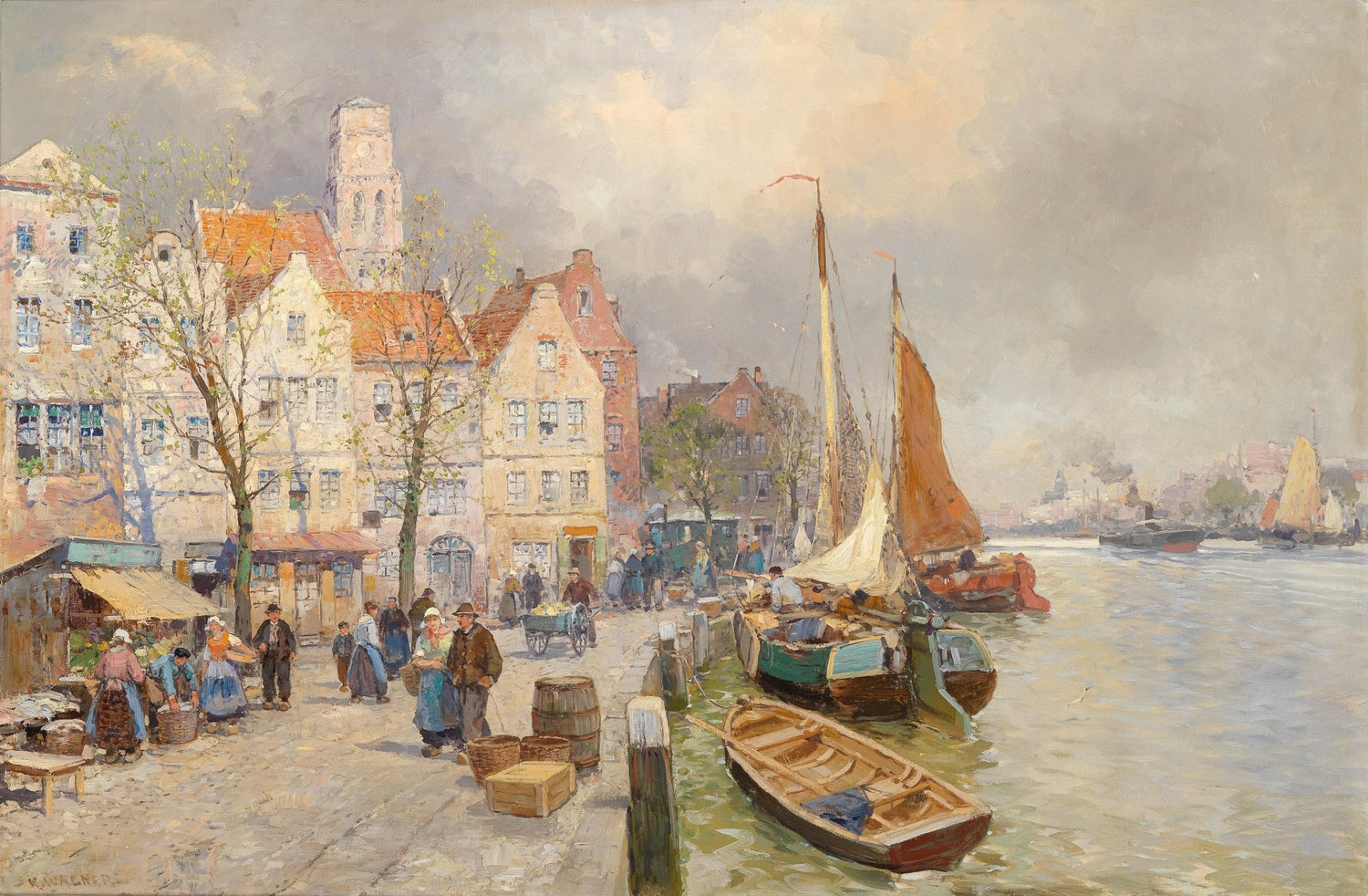 Busy Harbor Market and Sailing Boats - Landscape Oil Painting - Oil Painting Haven