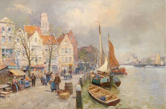 Busy Harbor Market and Sailing Boats - Landscape Oil Painting - Oil Painting Haven