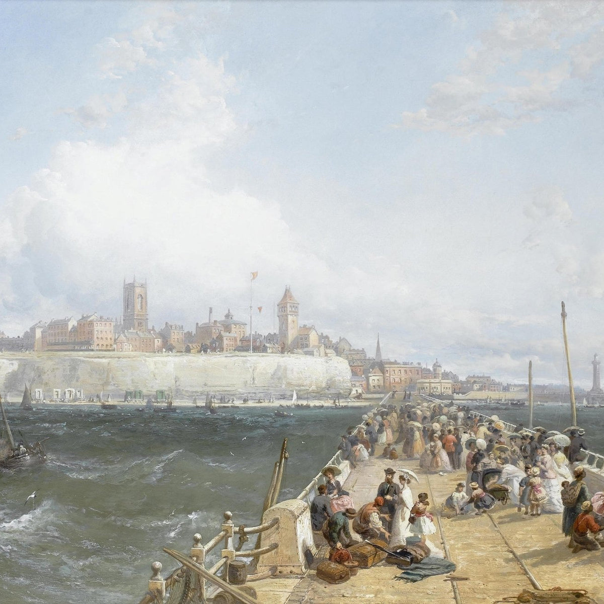 Busy Harbor Pier, Coastal City View – Hand - Painted Landscape Oil Painting - Oil Painting Haven