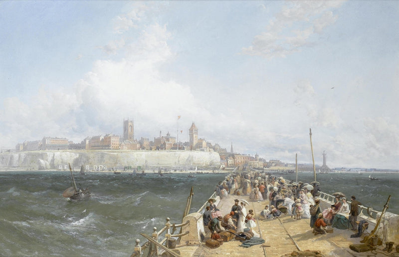 Busy Harbor Pier, Coastal City View – Hand - Painted Landscape Oil Painting - Oil Painting Haven