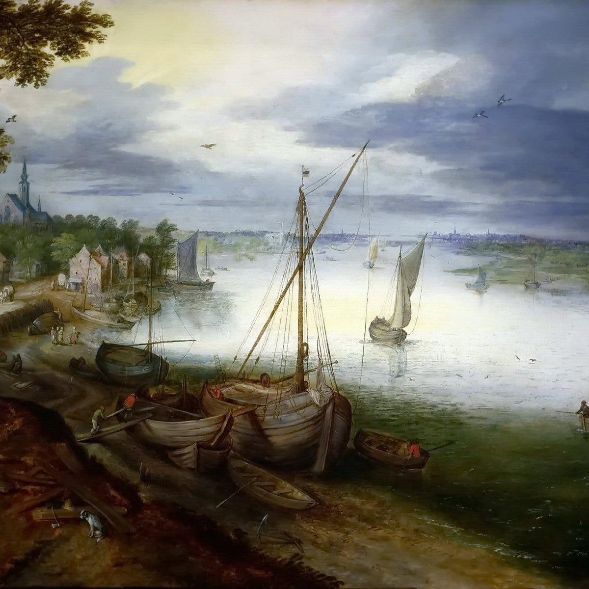 Busy River Harbor with Sailing Boats - Landscape Oil Painting - Oil Painting Haven