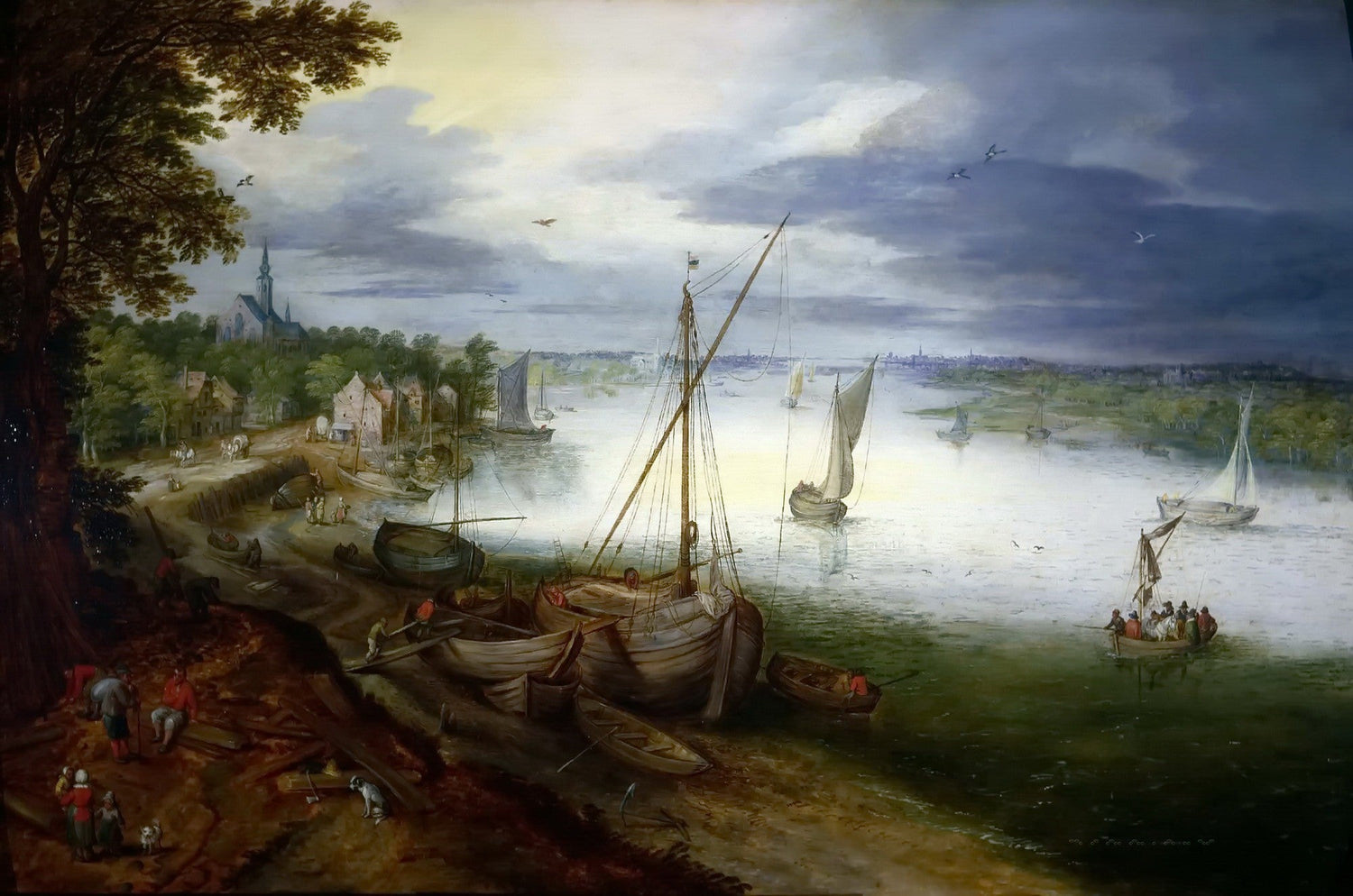 Busy River Harbor with Sailing Boats - Landscape Oil Painting - Oil Painting Haven