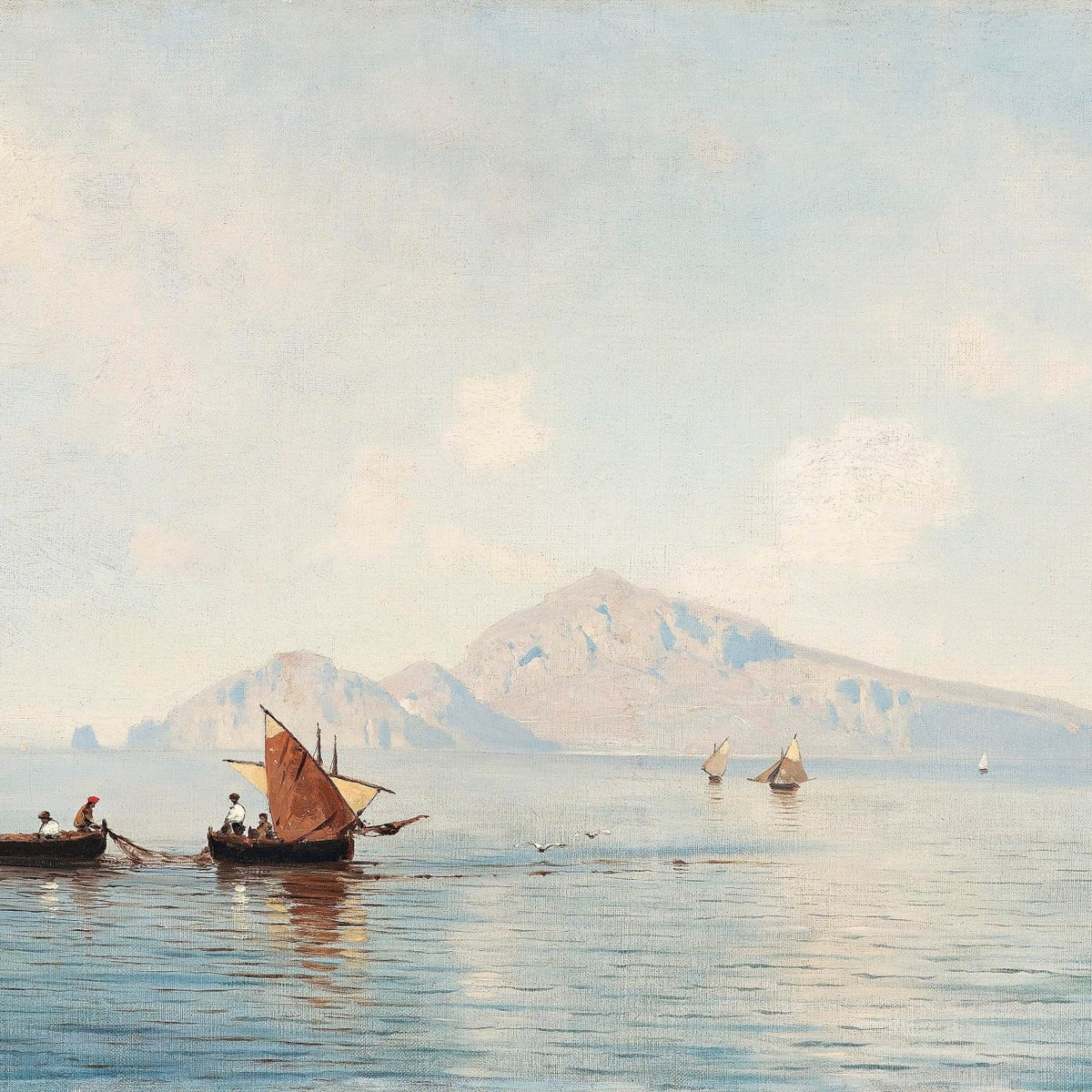 Calm Coastal Seascape with Fishing Boats | Hand - Painted Oil Painting - Oil Painting Haven