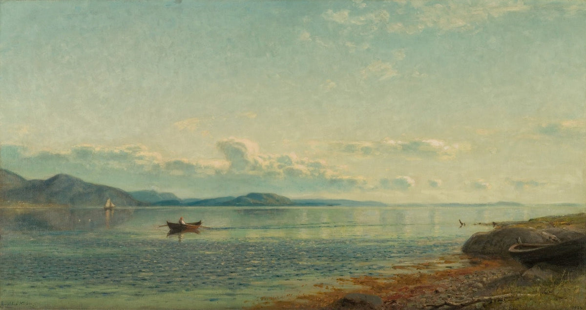 Landscape oil painting of calm coastal water with a lone rowboat near shore at sunset, hand painted oil on canvas with. - Add Frame, Canvas, Coastal, Hand Painted, Landscape, Made To Order, Mountain, Oil Painting, Seascape, Sunset