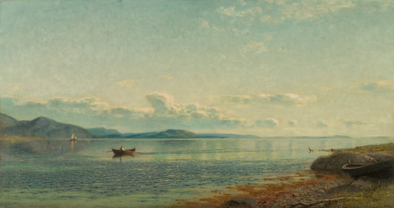 Landscape oil painting of calm coastal water with a lone rowboat near shore at sunset, hand painted oil on canvas with. - Add Frame, Canvas, Coastal, Hand Painted, Landscape, Made To Order, Mountain, Oil Painting, Seascape, Sunset