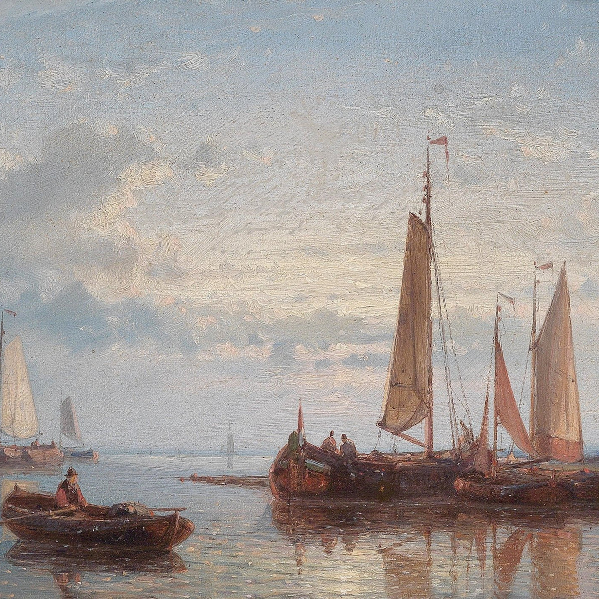 Hand-painted calm harbor sailboats at dusk nautical oil painting on canvas