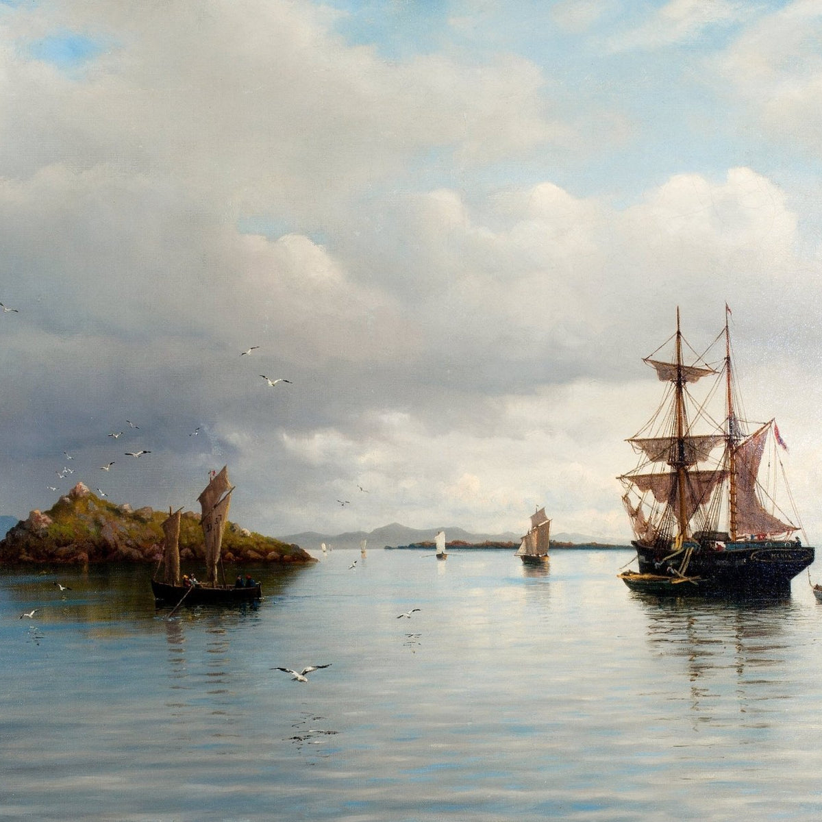 Hand-painted calm harbor with tall ship nautical oil painting on canvas
