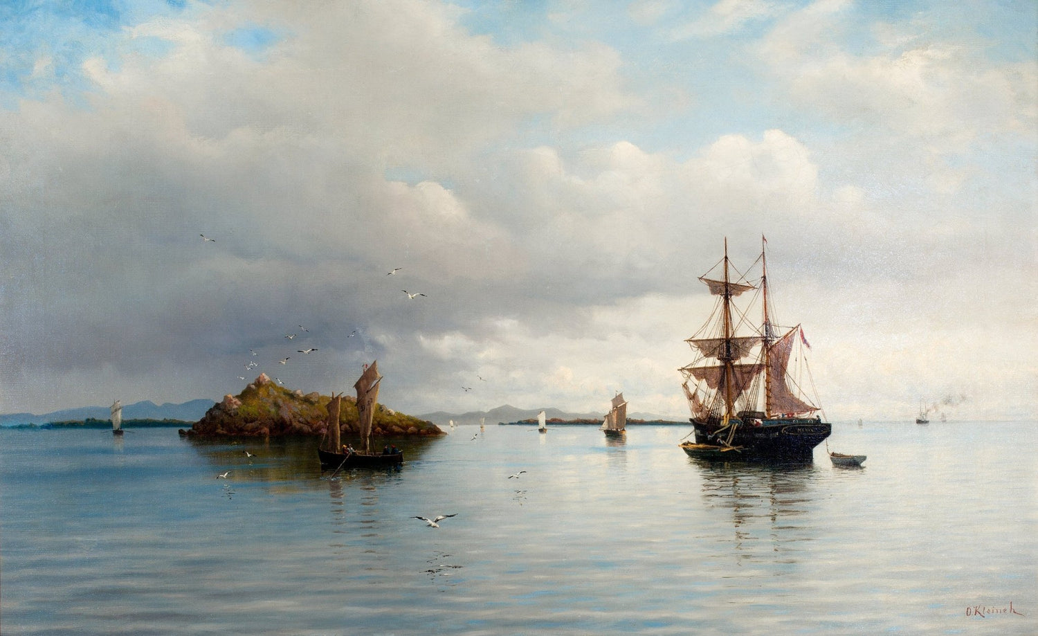 Hand-painted calm harbor with tall ship nautical oil painting on canvas