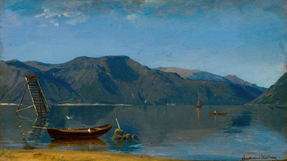 Calm Mountain Lake with Small Boats - Landscape Oil Painting - Oil Painting Haven
