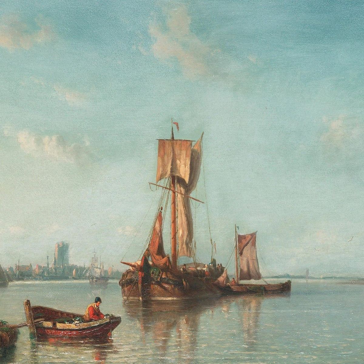 Hand-painted calm river sailboat scene nautical oil painting on canvas