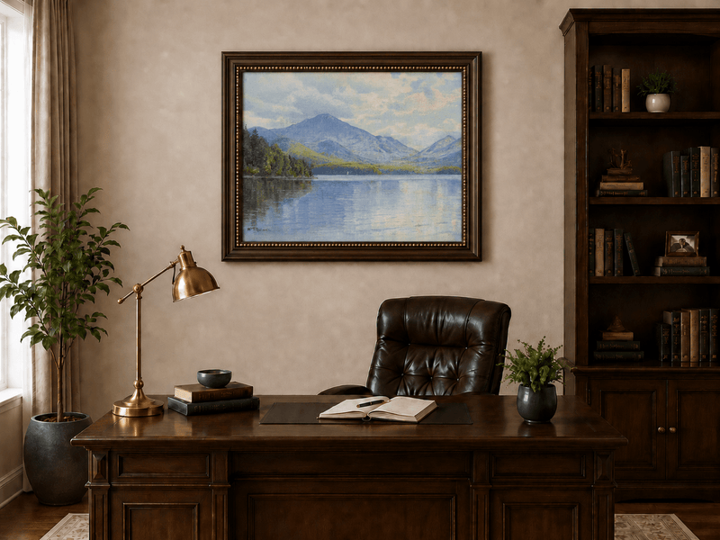 Framed hand-painted lake oil painting with calm reflections and a forested shoreline displayed above a traditional home office desk.
