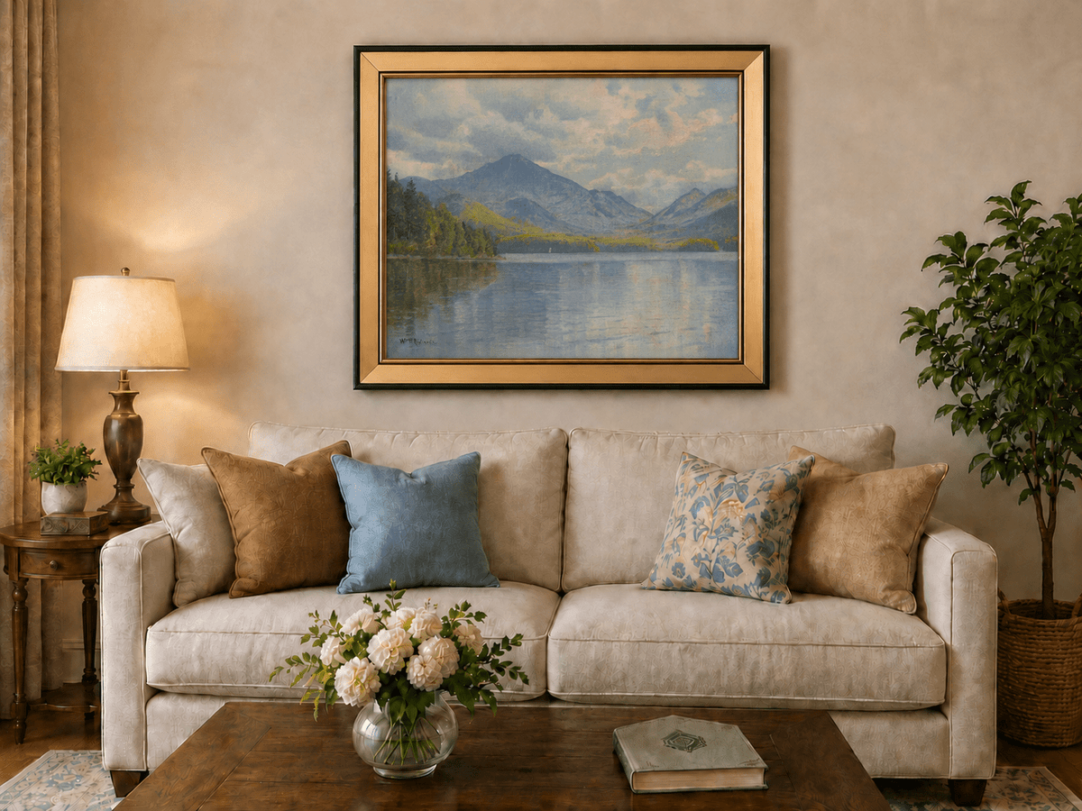 Framed hand-painted lake oil painting with calm reflections and a forested shoreline displayed above a neutral living room sofa.